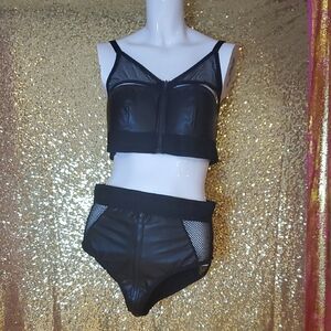 Abrand Black Faux Leather & Mesh Zip Crop Bra Set